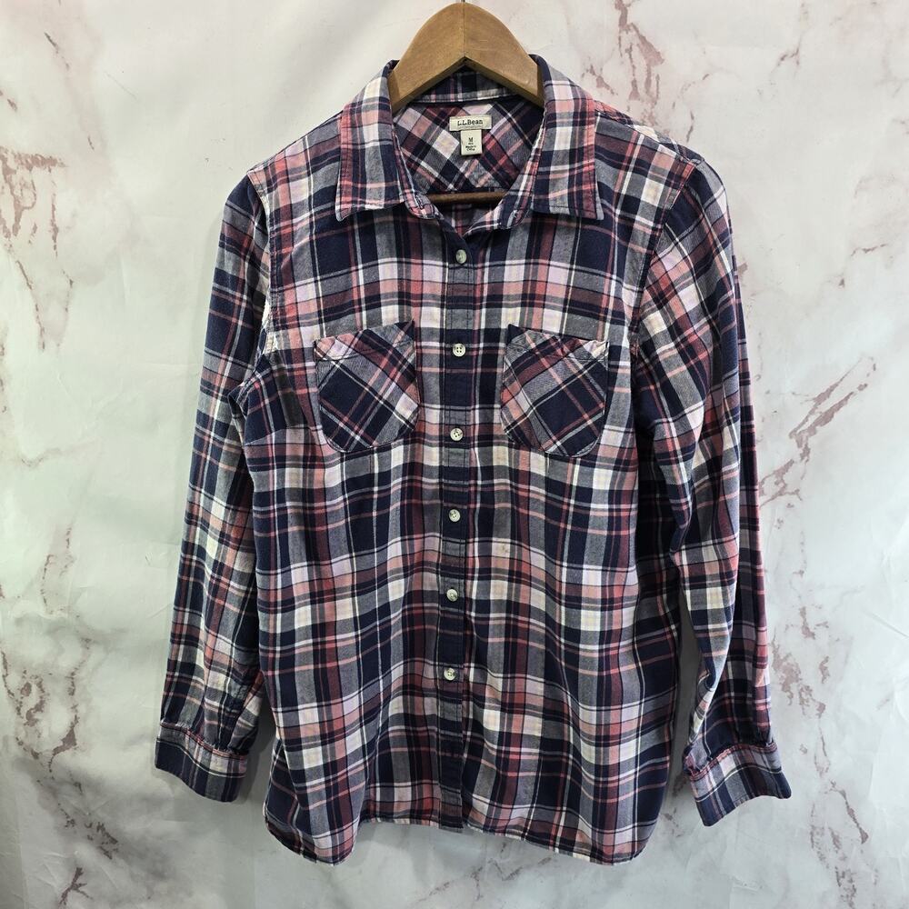 LL Bean Shirt Womens Medium Pink Blue Plaid Flannel Button Up Whisperweight